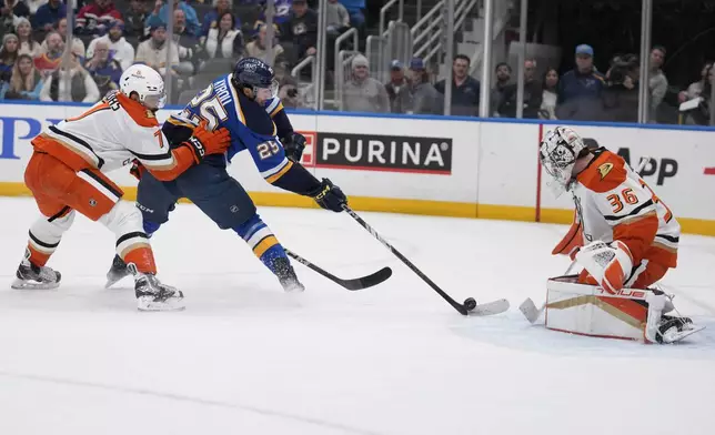 St. Louis Blues' Jordan Kyrou (25) is unable to score past Anaheim Ducks goaltender John Gibson (36) as Ducks' Radko Gudas (7) defends during the second period of an NHL hockey game Thursday, Jan. 9, 2025, in St. Louis. (AP Photo/Jeff Roberson)