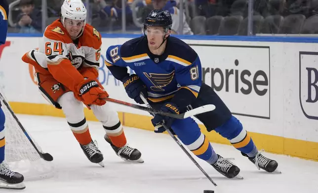 St. Louis Blues' Dylan Holloway (81) handles the puck as Anaheim Ducks' Sam Colangelo (64) defends during the third period of an NHL hockey game Thursday, Jan. 9, 2025, in St. Louis. (AP Photo/Jeff Roberson)