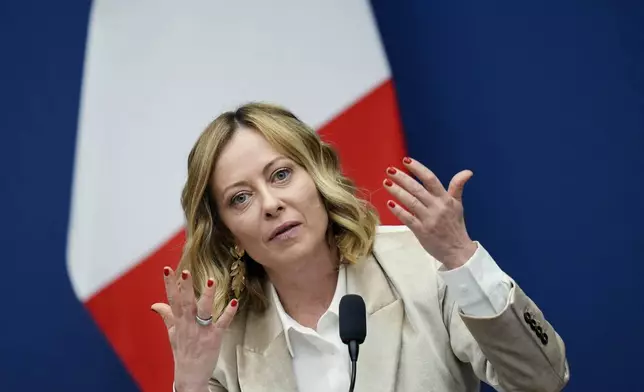 Italian Premier Giorgia Meloni holds the 2024 year-end press conference, in Rome, Thursday, Jan. 9, 2025. (AP Photo/Alessandra Tarantino)