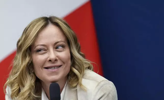 Italian Premier Giorgia Meloni holds the 2024 year-end press conference, in Rome, Thursday, Jan. 9, 2025. (AP Photo/Alessandra Tarantino)