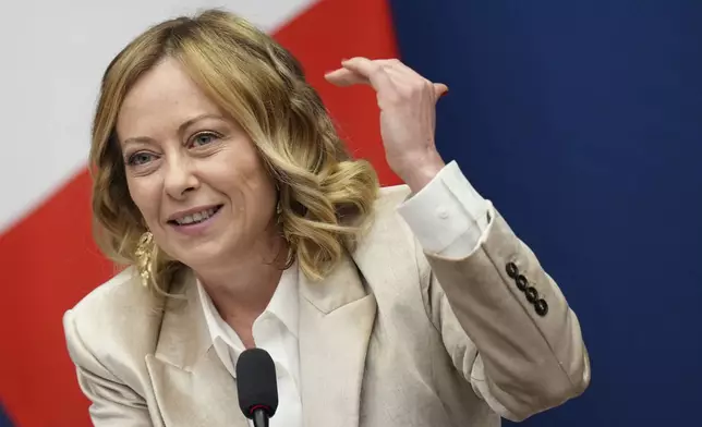 Italian Premier Giorgia Meloni holds the 2024 year-end press conference, in Rome, Thursday, Jan. 9, 2025. (AP Photo/Alessandra Tarantino)