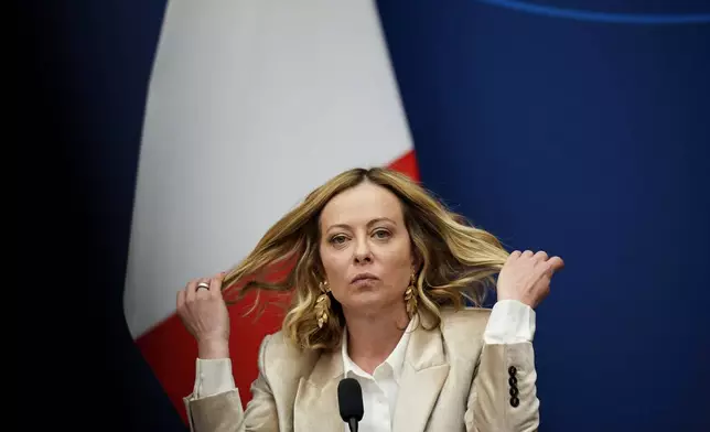 Italian Premier Giorgia Meloni holds the 2024 year-end press conference, in Rome, Thursday, Jan. 9, 2025. (AP Photo/Alessandra Tarantino)