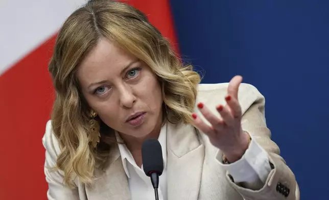 Italian Premier Giorgia Meloni holds the 2024 year-end press conference, in Rome, Thursday, Jan. 9, 2025. (AP Photo/Alessandra Tarantino)