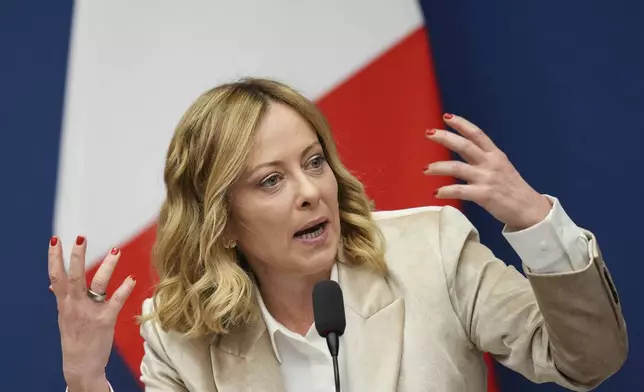 Italian Premier Giorgia Meloni holds the 2024 year-end press conference, in Rome, Thursday, Jan. 9, 2025. (AP Photo/Alessandra Tarantino)