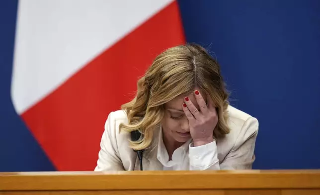 Italian Premier Giorgia Meloni holds the 2024 year-end press conference, in Rome, Thursday, Jan. 9, 2025. (AP Photo/Alessandra Tarantino)