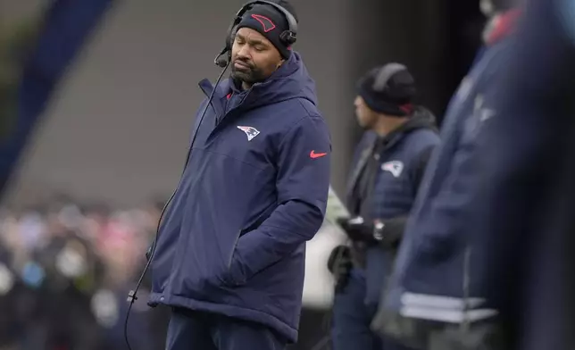 New England Patriots head coach Jerod Mayo on the sideline during the first half of an NFL football game against the Buffalo Bills, Sunday, Jan. 5, 2025, in Foxborough, Mass. (AP Photo/Robert F. Bukaty)