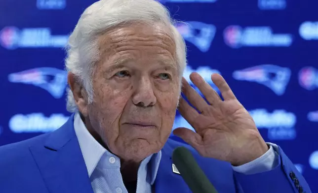 New England Patriots owner Robert Kraft listens to a reporter's question during a media availability, Monday, Jan. 6, 2025, in Foxborough, Mass. (AP Photo/Charles Krupa)