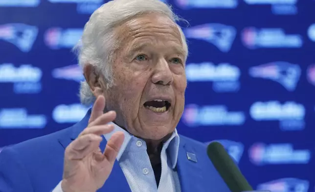 New England Patriots owner Robert Kraft answers a question during a media availability, Monday, Jan. 6, 2025, in Foxborough, Mass. (AP Photo/Charles Krupa)