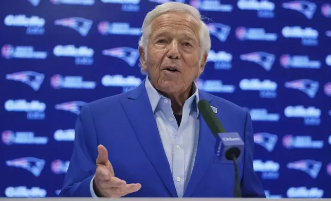 New England Patriots owner Robert Kraft answers a question during a media availability, Monday, Jan. 6, 2025, in Foxborough, Mass. (AP Photo/Charles Krupa)