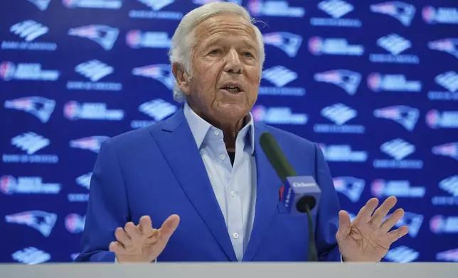 New England Patriots owner Robert Kraft answers a question during a media availability, Monday, Jan. 6, 2025, in Foxborough, Mass. (AP Photo/Charles Krupa)