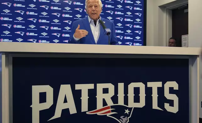 New England Patriots owner Robert Kraft answers a question during a media availability, Monday, Jan. 6, 2025, in Foxborough, Mass. (AP Photo/Charles Krupa)