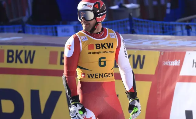 Austria's Vincent Kriechmayr gets to the finish area after completing an alpine ski, men's World Cup Super-G, in Wengen, Switzerland, Friday, Jan. 17, 2025 (AP Photo/Giovanni Maria Pizzato)