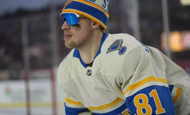 St. Louis Blues center Dylan Holloway (81) warms up before the NHL Winter Classic outdoor hockey game featuring the Chicago Blackhawks and Blues at Wrigley Field, Tuesday, Dec. 31, 2024, in Chicago. (AP Photo/Erin Hooley)