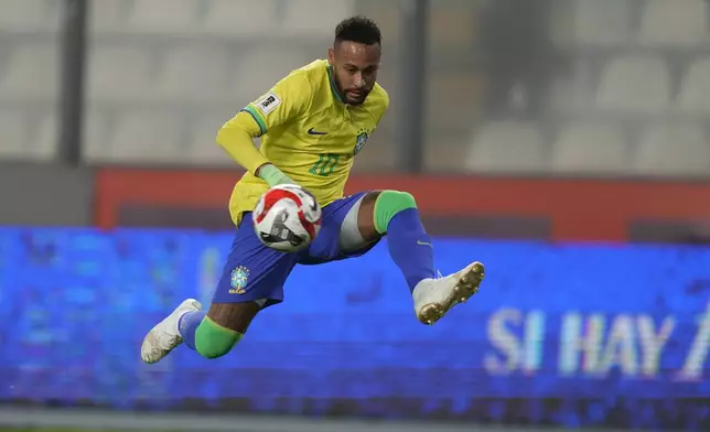 FILE - Brazil's Neymar controls the ball during a qualifying soccer match for the FIFA World Cup 2026 against Peru at National stadium in Lima, Peru, Tuesday, Sept. 12, 2023. (AP Photo/Martin Mejia, File)