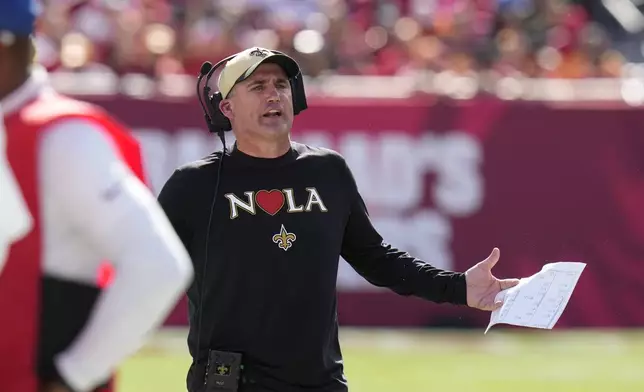 New Orleans Saints interim head coach Darren Rizzi reacts on the sideline during the first half of an NFL football game against the Tampa Bay Buccaneers Sunday, Jan. 5, 2025, in Tampa, Fla. (AP Photo/Chris O'Meara)