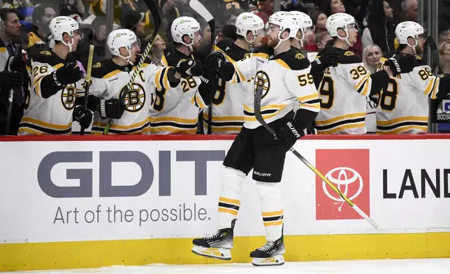 Boston Bruins right wing Justin Brazeau (55) celebrates his goal during the first period of an NHL hockey game against the Washington Capitals, Tuesday, Dec. 31, 2024, in Washington. (AP Photo/Nick Wass)