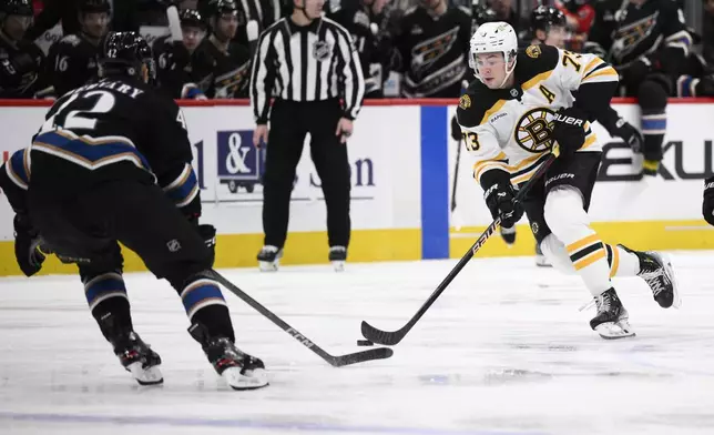 Boston Bruins defenseman Charlie McAvoy (73) skates with the puck against Washington Capitals defenseman Martin Fehervary (42) during the second period of an NHL hockey game, Tuesday, Dec. 31, 2024, in Washington. (AP Photo/Nick Wass)