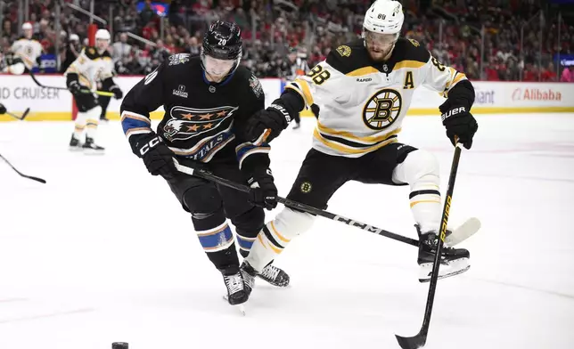 Boston Bruins right wing David Pastrnak (88) battles for the puck against Washington Capitals center Lars Eller (20) during the second period of an NHL hockey game, Tuesday, Dec. 31, 2024, in Washington. (AP Photo/Nick Wass)