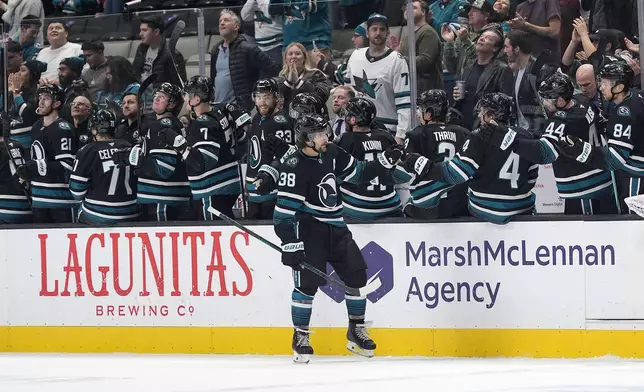 San Jose Sharks defenseman Mario Ferraro (38) is congratulated by teammate after scoring a goal against the Tampa Bay Lightning during the second period of an NHL hockey game in San Jose, Calif., Thursday, Jan. 2, 2025. (AP Photo/Tony Avelar)