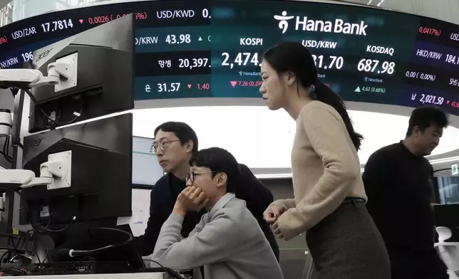 FILE - Currency traders watch monitors at the foreign exchange dealing room of the KEB Hana Bank headquarters in Seoul, South Korea, Dec. 13, 2024. (AP Photo/Ahn Young-joon, File)