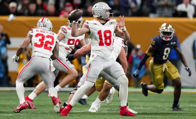 Ohio State quarterback Will Howard passes against Notre Dame during first half of the College Football Playoff national championship game Monday, Jan. 20, 2025, in Atlanta. (AP Photo/Jacob Kupferman)