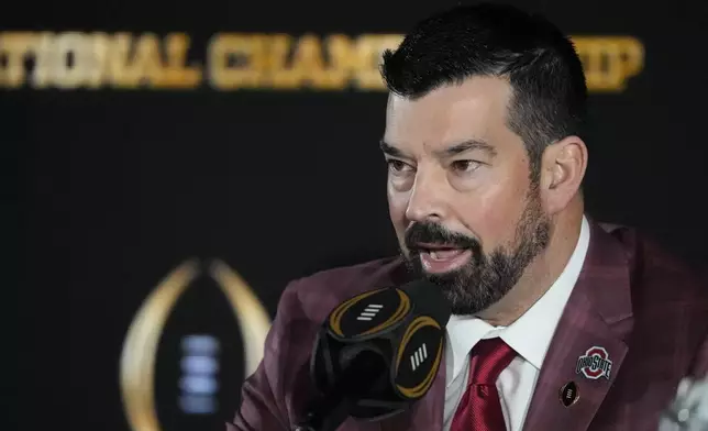 Ohio State head coach Ryan Day speaks during a news conference ahead of the College Football Playoff national championship game Sunday, Jan. 19, 2025, in Atlanta. The game between Ohio State and Notre Dame will be played on Monday. (AP Photo/Chris Carlson)