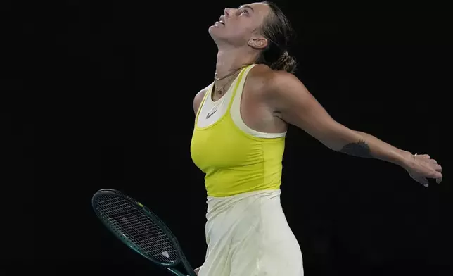 Aryna Sabalenka of Belarus reacts during the women's singles final against Madison Keys of the U.S. at the Australian Open tennis championship in Melbourne, Australia, Saturday, Jan. 25, 2025. (AP Photo/Ng Han Guan)