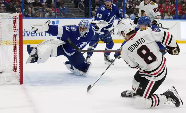 Chicago Blackhawks center Ryan Donato (8) fires the puck past Tampa Bay Lightning goaltender Jonas Johansson (31) for a goal during the third period of an NHL hockey game Tuesday, Jan. 28, 2025, in Tampa, Fla. (AP Photo/Chris O'Meara)