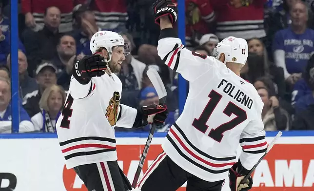 Chicago Blackhawks left wing Landon Slaggert (84) celebrates his goal against the Tampa Bay Lightning with left wing Nick Foligno (17) during the second period of an NHL hockey game Tuesday, Jan. 28, 2025, in Tampa, Fla. (AP Photo/Chris O'Meara)