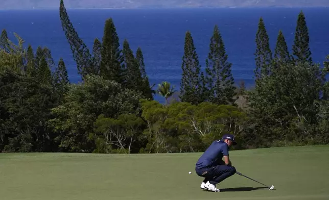 Keegan Bradley reacts to missing a putt at the 13th green during the second round of The Sentry golf event, Friday, Jan. 3, 2025, at the Kapalua Plantation Course in Kapalua, Hawaii. (AP Photo/Matt York)