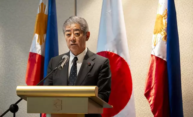 Japanese Foreign Minister Takeshi Iwaya speaks during a joint press conference with Philippine Foreign Secretary Enrique Manalo in Taguig City, Philippines Wednesday, Jan. 15, 2025. (Lisa Marie David/Pool Photo via AP)