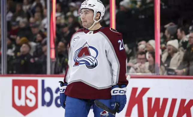 Colorado Avalanche center Ross Colton reacts to his goal during the first period of an NHL hockey game against the Minnesota Wild, Thursday, Jan. 9, 2025, in St. Paul, Minn. (AP Photo/Matt Krohn)