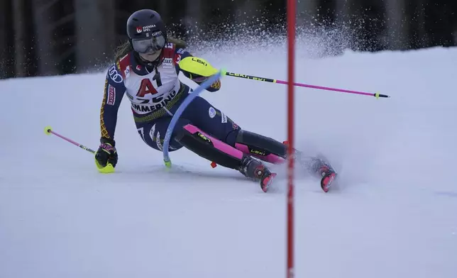 Sweden's Sara Hector speeds down the course during an alpine ski, women's World Cup slalom race, in Semmering, Austria, Sunday, Dec. 29, 2024. (AP Photo/Piermarco Tacca)