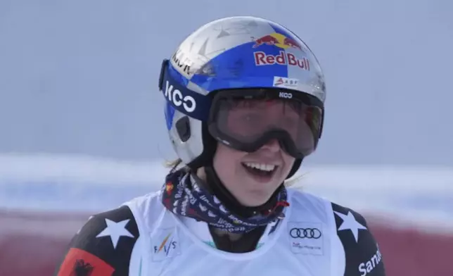 Albania's Lara Colturi reacts after completing an alpine ski, women's World Cup giant slalom race in Kranjska Gora, Slovenia, Saturday, Jan. 4, 2025. (AP Photo/Giovanni Auletta)