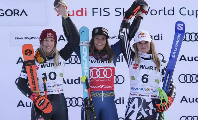 From left, second placed Albania's Lara Colturi, the winner Sweden's Sara Hector and third placed New Zealand's Alice Robinson celebrate after an alpine ski, women's World Cup giant slalom race in Kranjska Gora, Slovenia, Saturday, Jan. 4, 2025. (AP Photo/Giovanni Auletta)