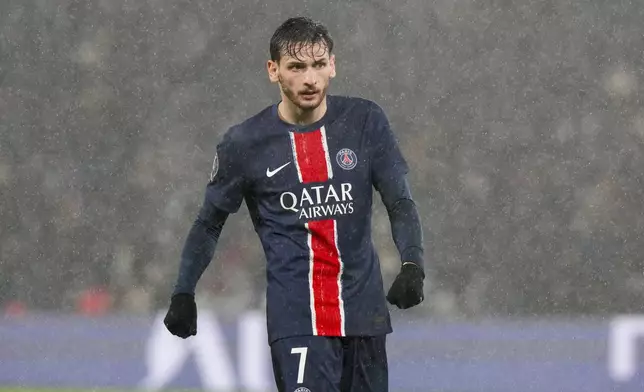 PSG's Khvicha Kvaratskhelia stands on the pitch during the French League One soccer match between Paris Saint-Germain and Reims at Parc des Princes stadium in Paris, Saturday, Jan. 25, 2025. (AP Photo/Michel Euler)