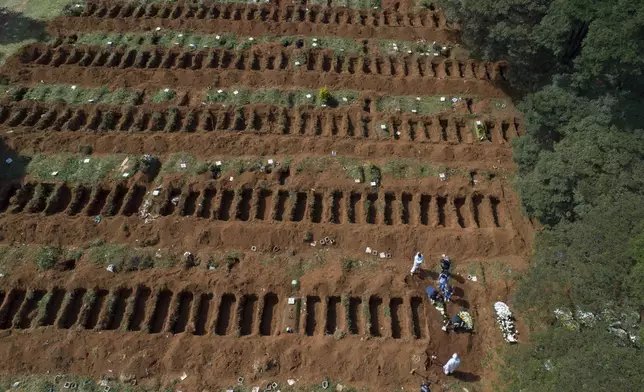 FILE - Cemetery workers in protective gear bury a person alongside rows of freshly dug graves at the Vila Formosa cemetery in Sao Paulo, Brazil, April 1, 2020. (AP Photo/Andre Penner, File)