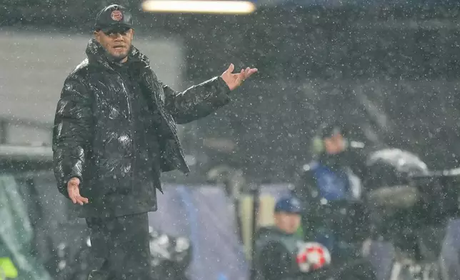 Bayern's head coach Vincent Kompany reacts during the Champions League opening phase soccer match between Feyenoord and Bayern Munich, at De Kuip Stadium, in Rotterdam, Netherlands, Wednesday, Jan. 22, 2025. (AP Photo/Peter Dejong)