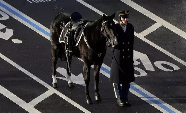 A horse and a member of the military that will transport the caisson carrying former President Jimmy Carter's casket waits at the U.S. Navy Memorial before traveling on to the Capitol in Washington to lie in state, Tuesday, Jan. 7, 2025. Carter died Dec. 29 at the age of 100. (AP Photo/Mark Schiefelbein, Pool)