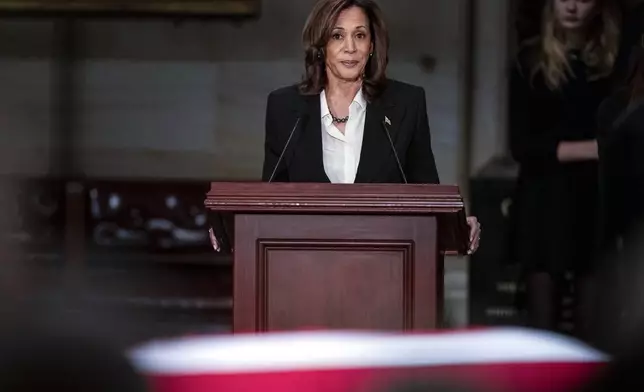 Vice President Kamala Harris speaks during a ceremony as the flag-draped casket of former President Jimmy Carter lies in state, at the Capitol, Tuesday, Jan. 7, 2025, in Washington. Carter died Dec. 29 at the age of 100. (Kent Nishimura/The New York Times via AP, Pool)