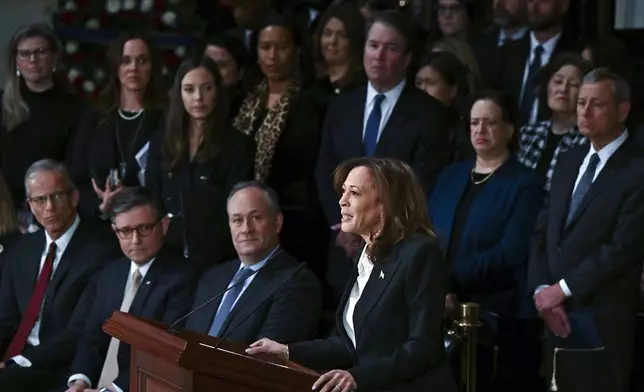 Vice President Kamala Harris delivers a eulogy for former President Jimmy Carter as he lies in state during a ceremony in the Capitol, Tuesday, Jan. 7, 2025, in Washington. Carter died Dec. 29 at the age of 100. (Ricky Carioti/The Washington Post via AP, Pool)