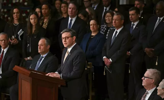 Speaker of the House Mike Johnson delivers a eulogy for former President Jimmy Carter as he lies in state during a ceremony in the Capitol, Tuesday, Jan. 7, 2025, in Washington. Carter died Dec. 29 at the age of 100. (Ricky Carioti/The Washington Post via AP, Pool)