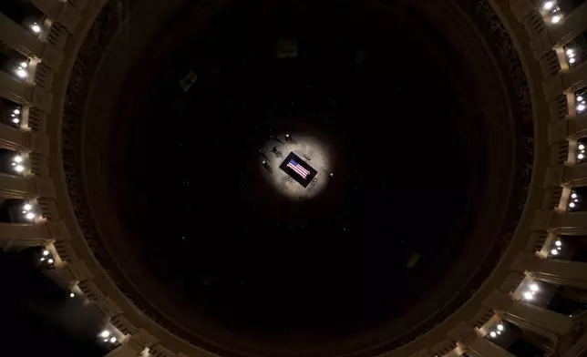 The flag-draped casket of former President Jimmy Carter as he lies in state at the rotunda of the U.S. Capitol Tuesday, Jan. 7, 2025, in Washington. (Andrew Harnik/Pool via AP)