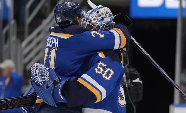 St. Louis Blues goaltender Jordan Binnington (50) and teammate Mathieu Joseph (71) celebrate a 2-1 victory over the Calgary Flames following an NHL hockey game Tuesday, Jan. 14, 2025, in St. Louis. (AP Photo/Jeff Roberson)