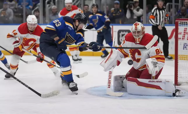 St. Louis Blues' Jake Neighbours (63) reaches for a loose puck as Calgary Flames' Joel Hanley (44) and goaltender Dan Vladar (80) defend during the second period of an NHL hockey game Tuesday, Jan. 14, 2025, in St. Louis. (AP Photo/Jeff Roberson)