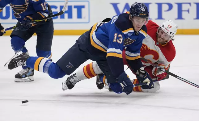 St. Louis Blues' Alexey Toropchenko (13) and Calgary Flames' Blake Coleman (20) battle for a loose puck during the third period of an NHL hockey game Tuesday, Jan. 14, 2025, in St. Louis. (AP Photo/Jeff Roberson)