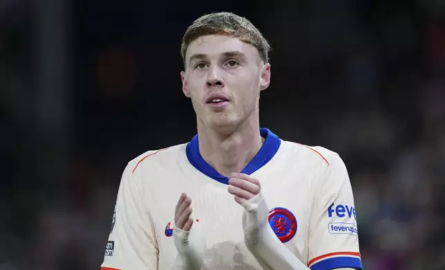 Chelsea's Cole Palmer reatcs during the English Premier League soccer match between Crystal Palace and Chelsea in London, Saturday, Jan. 4, 2025. (AP Photo/Dave Shopland)