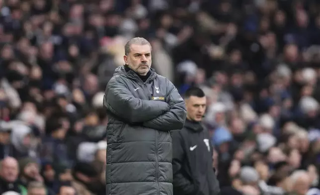 Tottenham Hotspur manager Ange Postecoglou during the English Premier League soccer match between Tottenham Hotspur and Newcastle United at the Tottenham Hotspur Stadium, London, Saturday Jan. 4, 2025. (John Walton/PA via AP)