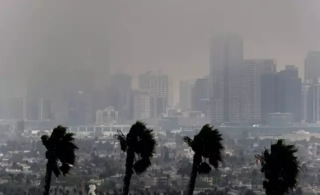 High winds blow as thick smoke from wildfires shrouds downtown Los Angeles on Wednesday, Jan. 8, 2025. (AP Photo/Richard Vogel)