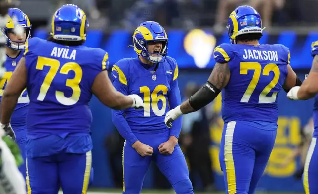 Los Angeles Rams place kicker Joshua Karty (16) reacts after making a field goal during the first half of an NFL football game against the Seattle Seahawks, Sunday, Jan. 5, 2025, in Inglewood, Calif. (AP Photo/Mark J. Terrill)